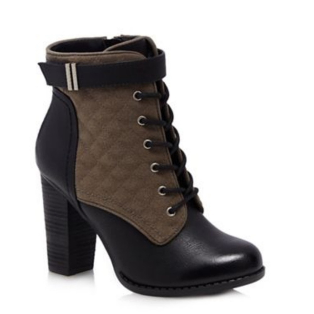 Call It Spring Quilted Lace-Up Heeled Combat Boots in Black & Taupe Faux 6.5